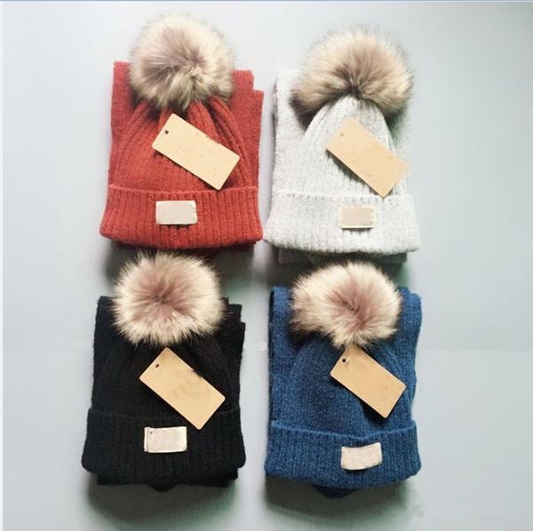 

kids knit scarf fur pom hat 2pcs set luxury beanies winter warm crochet scarves for girls boys child outdoor ski hat sets with tag to984, Blue;gray