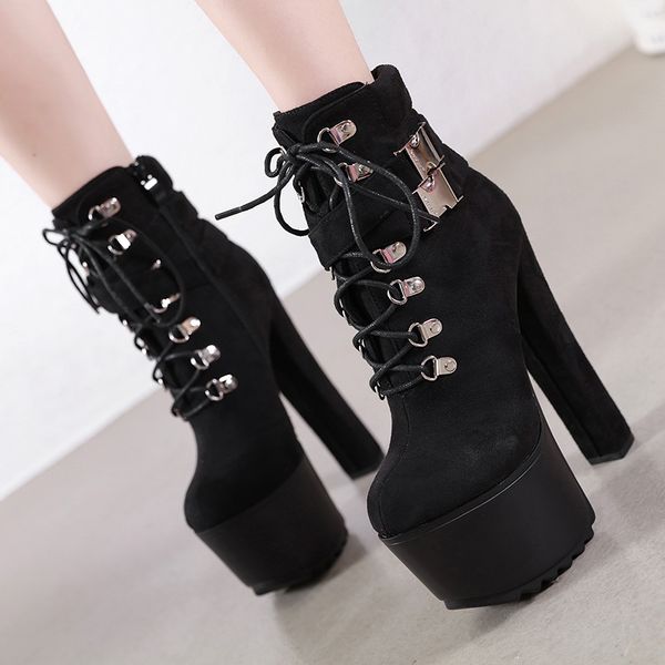 

round toe lace up boots bootee woman 2019 booties ladies shoes high heel rubber basic cross-tied hoof heels solid metal, Black