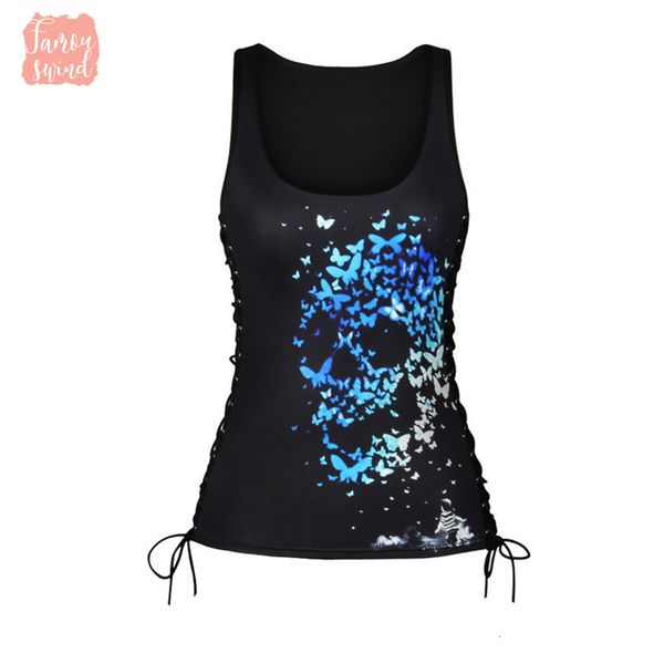

summer u women skull skeleton 3d print tank neck ladies knitted vest sleeveless slim camis, White