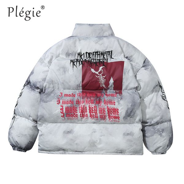 

plegie creative graffiti ink tie dye print parka jackets streetwear hipster punk rock cotton padded puffer couple parkas coats, Black