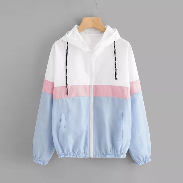 

womail autumn fashion hooded three tone windbreaker jacket zipper pockets casual long sleeves feminino patchwork coats outwear f, Black;brown