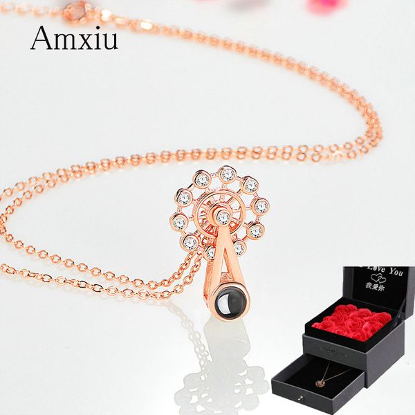 

amxiu 925 серебряное ожерелье 100 языков, я люблю тебя проекция ожерелья колесо ожерелье для женщин ювелирные подарки, Silver