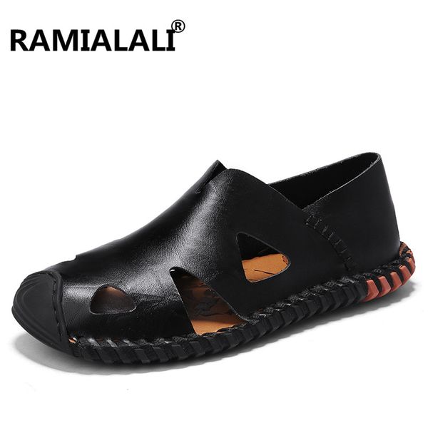 

new men causal sandals summer fashion designer genuine leather men sandals breathable cozy beach flats slippers, Black