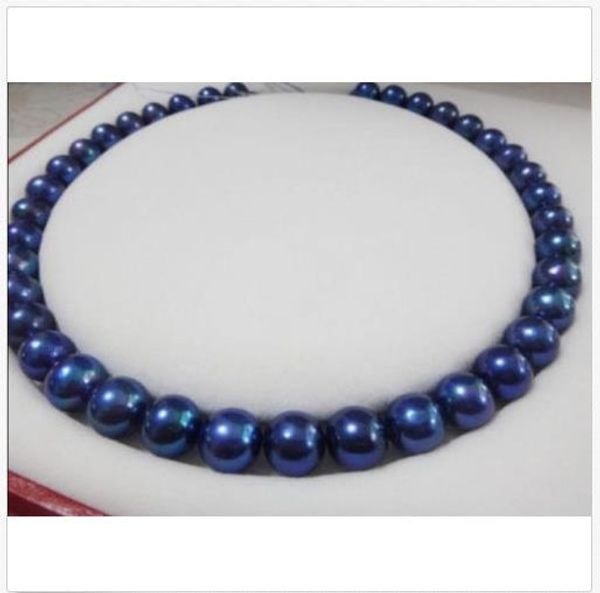 

10-11mm genuine black blue tahitian pearl necklace 18inch 14k gold clasp, Silver