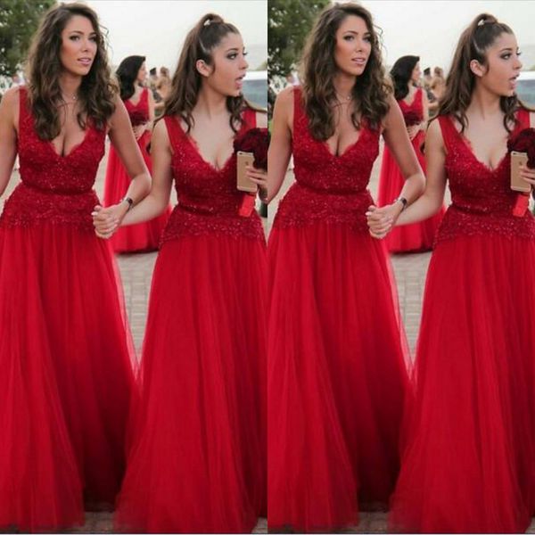 

fabulous bridesmaids dresses a line deep v neck sleeveless beaded lace appliques floor length red soft tulle bridesmaid dress with sash, White;pink