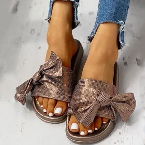 

2020 new women slippers summer large bow sequins slippers shoes flat bottom ladies shoes plus size, Black