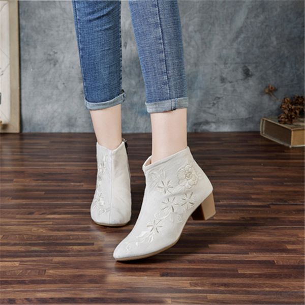 

flower round toe square heel women ankle boots med zip casual vintage boots autumn 2018 fashion air mesh big size shoes, Black