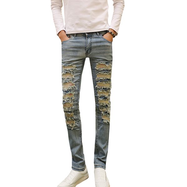 

fashion jeans men destroyed denim jeans with holes denim skinny slim flexible jean scratched biker elastic pants n-zk014, Blue