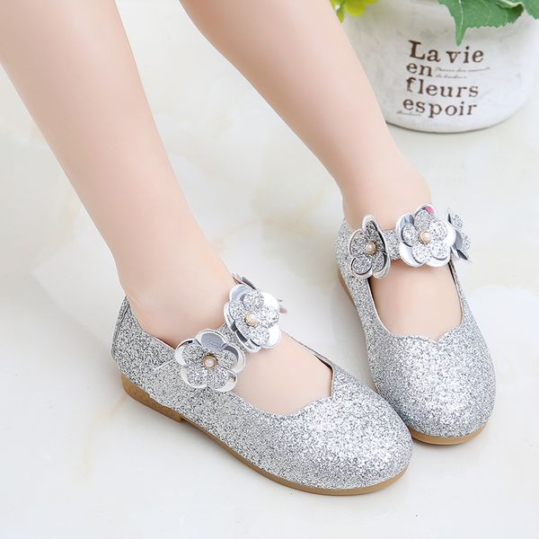 

flat shoes spring little children flowers princess flats casual pearls paillette girls leather kids floral glitter toddler baby, Black;grey