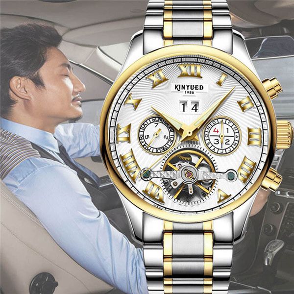 

new kinyued men mechanical watch automatic stainless steel fashion casual male watches luminous waterproof wrist watch sale, Slivery;brown