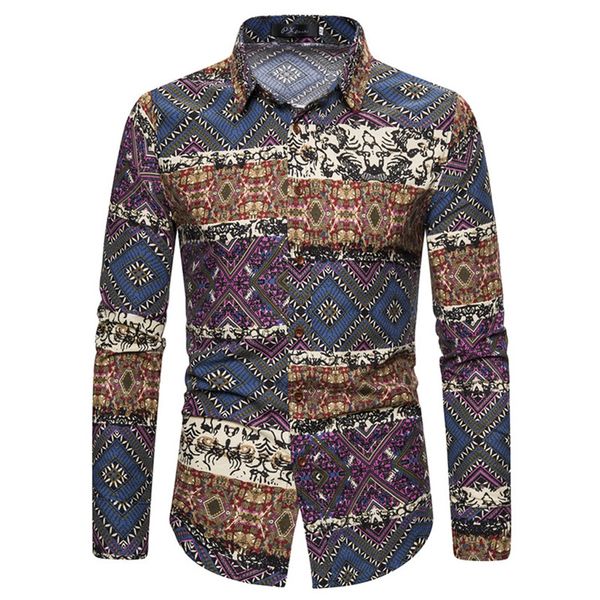 

retro men splicing printed slim fit shirt business leisure retro men's long sleeve shirts for men button camisa social masculina, White;black