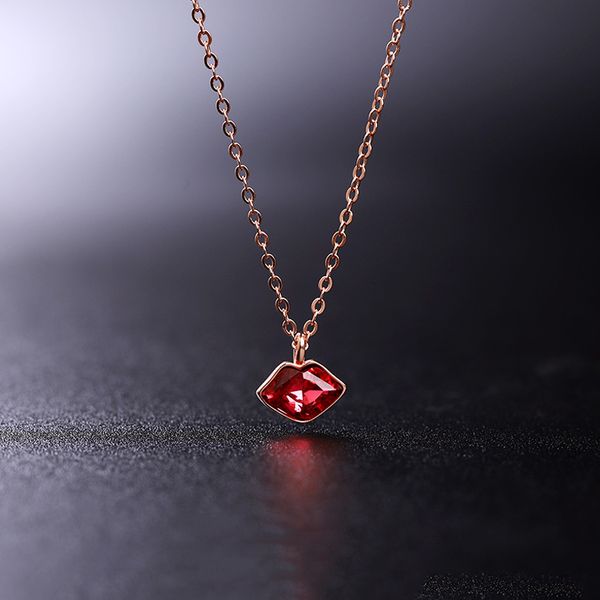 

trendy red crystal pendant necklace 925 sterling silver long chain lips women statement jewelry for lover gift