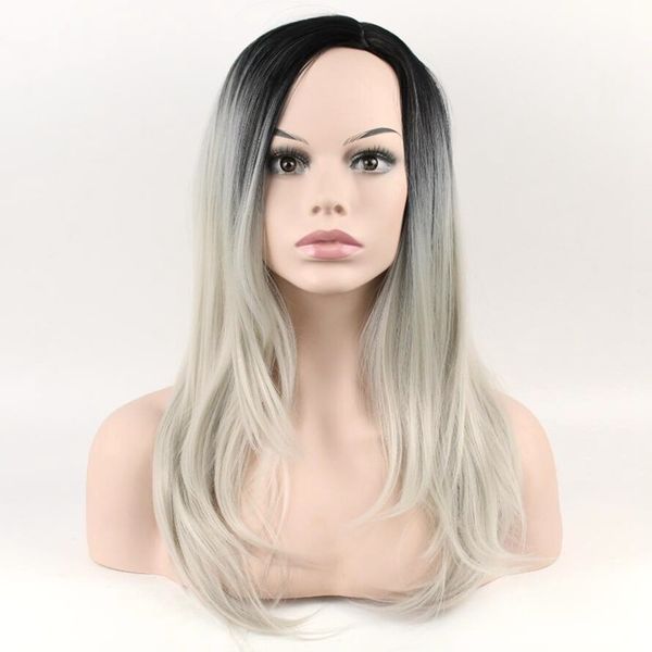 

fashion women's gradient color long straight centre-parted hair wig gray blonde hair for chic girls cosplay show party, chemical fiber, Black
