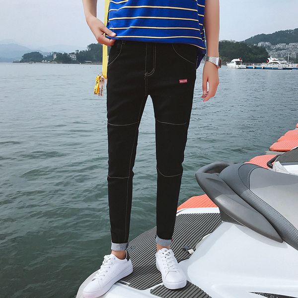 

men's pants 2021 summer nine-point denim casual slim feet korean fashion youth stretch thin, Black