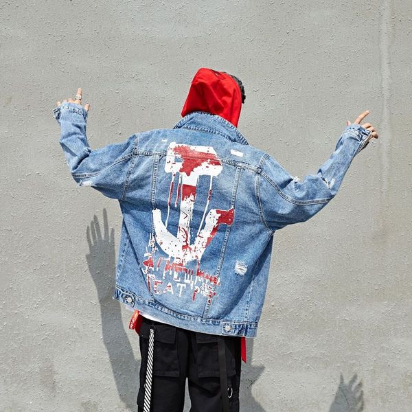 

hip hop loose print denim jackets men 2019 hole jeans coat for boy 2018 autumn clothing jeans jackets man, Black;brown
