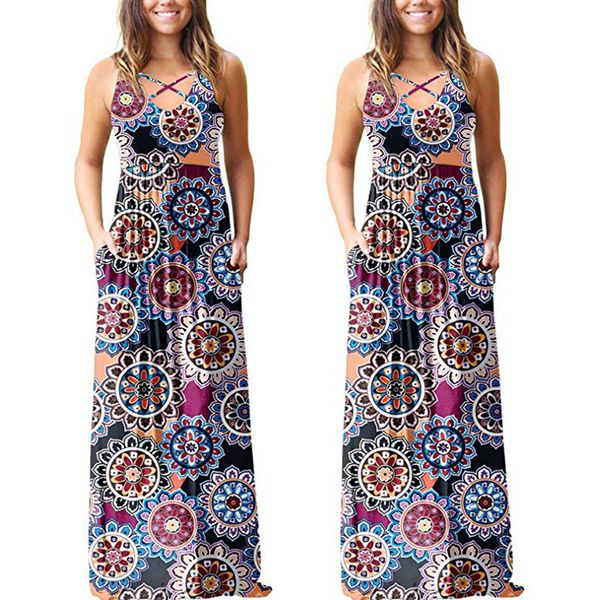 

2019 summer clothes for women casual loose boho beach sleeveless maxi dress floral print with pocket dress vestido robe femme 17, Black;gray