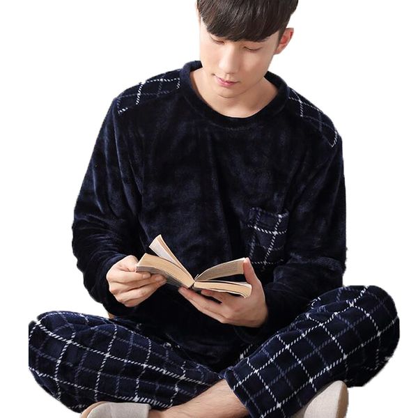 

man pijama winter mens pajama sets o-neck long sleeve nightwear for men sleepwear thick warm coral velvet pajamas male homewear, Black;brown