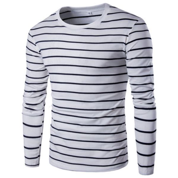 

casual men's slim fit cotton shirts o-neck striped long sleeve t-shirt tee, White;black