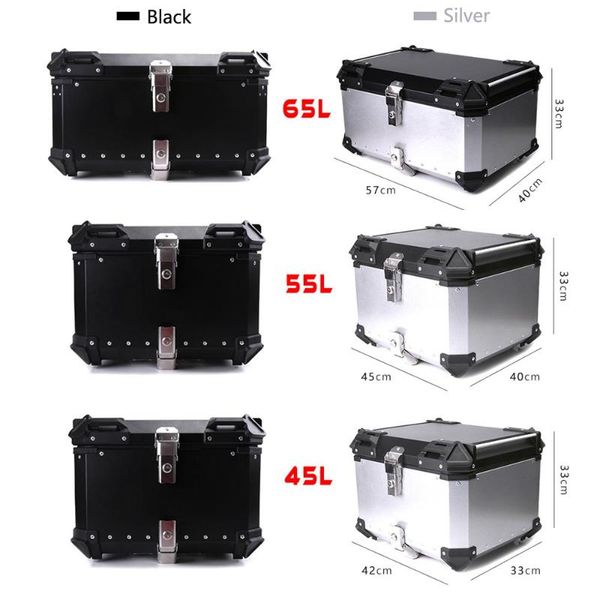 

45l-65l universal motorcycle rear trunk storage moto tool box waterproof luggage helmet key lock tail toolbox case aluminum