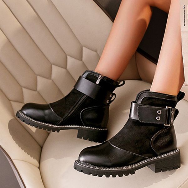 

women's ankle boots with belt buckle match autumn winter platforms cool punk rivets motorcycle boots non-slip chaussures femme, Black