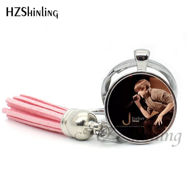 

2019 fashion justin bieber in silver shield keychain handcraft singer tassel keyring glass dome key chain gifts for fans tak--33, Slivery;golden