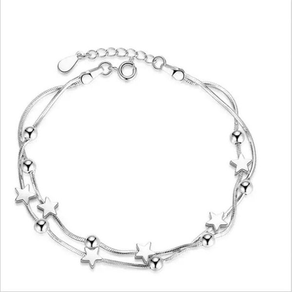 

sterling silver star chain & link bracelets with feminine charm double decor jewelry wedding gift, Black