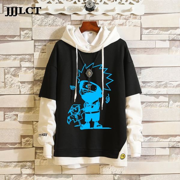 

naruto uzumaki naruto hatake kakashi coat hoodies costume fake two pieces sweatshirt print regular loose casual full o-neck dox, Black