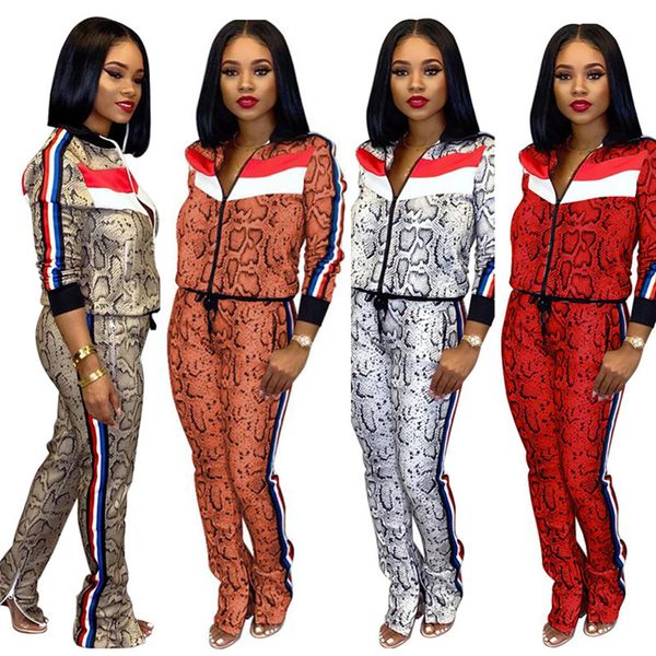 

women 2 piece set fall winter clothing snake skin cardigan pants sportswear striped tracksuit jacket leggings outfits outwear bodysuits 1749, White