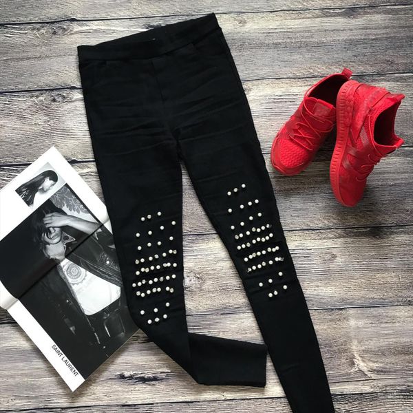 

High Stretch Rivet Beading Jeans Hole Elastic Skinny Jeans Woman Pencil Pants Black Ripped Jeans Female XL 2XL D212