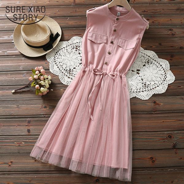 

2019 new lace belt waist sleeveless women dresses summer two pieces of mesh pink blue elegant vestidos women knee dress 3518 50, Black;gray