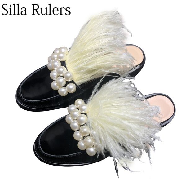 

2019 new spring feather round toe ladies half slippers flat bottom closed toe slippers women pearl flat shoes women mules woman, Black