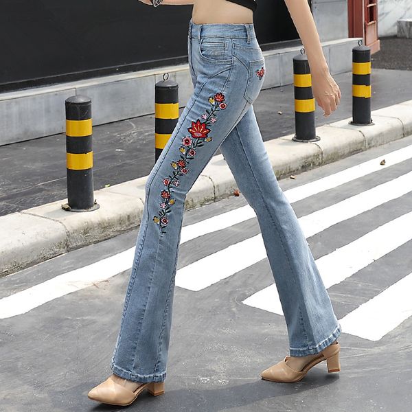 

women jeans slim autumn mid waist embroidery boot cut pant jeans woman 099, Blue
