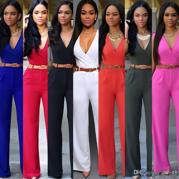 

женщины fashon solid v-образный вырез жилет высокой талия пояс широких ноги брюки комбинезон костюмы, Black;white