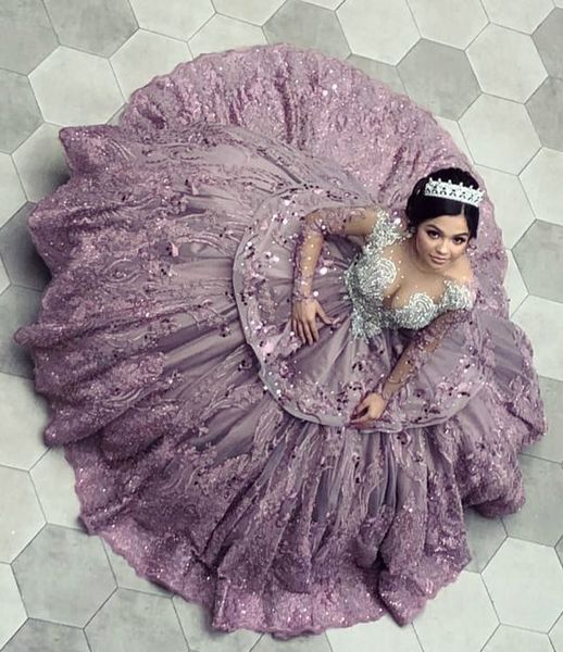 

blush pink luxurious lace quinceanera prom dresses sheer neck crystals long sleeves evening party sweet 16 dress zj146, Blue;red