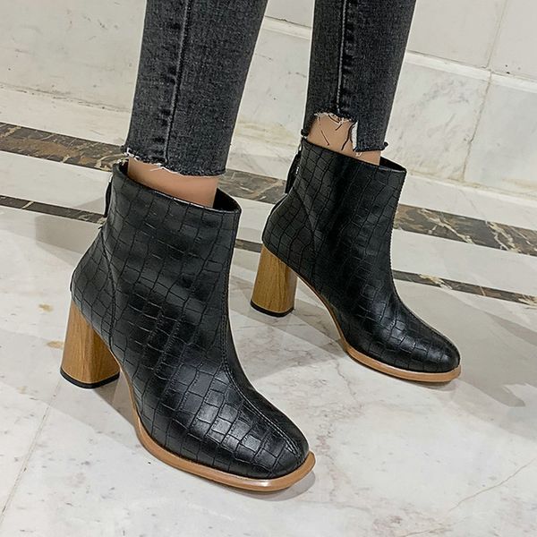 

plus size 35-51 nice new women ankle boots winter autumn square toes oxford lattic shoes woman high heels female rain boot, Black