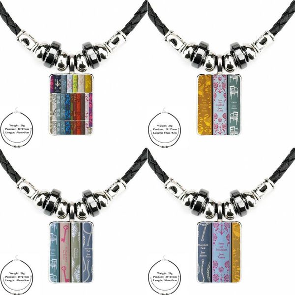 

ej glaze jane austen books penguin for men women party gift glass necklace statement black leather bead pendant necklace, Silver