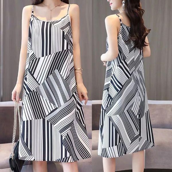 

dress women korean style fashion summer geometric print lady casual sleeveless suspender dresses sundress vestidos leisure retro, Black;gray