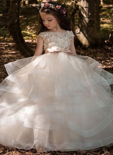 

organza champagne sash short sleeve ball gown flower girl dresses 3d lace tiered kids pageant wedding formal party first communion colorful, White;blue