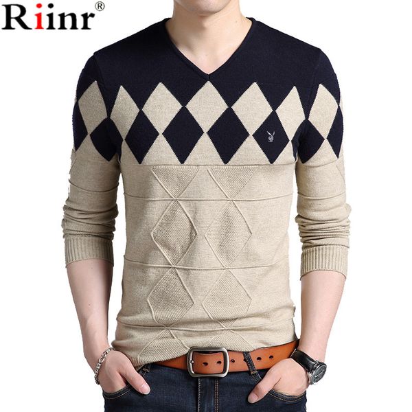 

riinr 2018 autumn casual men sweaters pullover slim fit wool fashion argyle patchwork men sweaters pullover -3xl, White;black