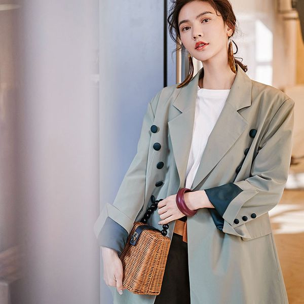 

lanmrem 2020 new niche fashion blazers for women spring female's notched long sleeve contrast color casual jacket yg61402, White;black
