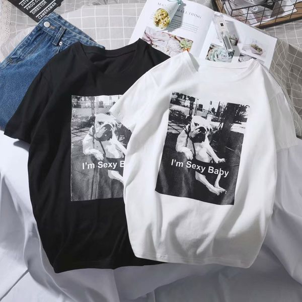 

summer men's ins short-sleeved t-shirt printed dog o- neck korean version of the silm t-shirt, White;black