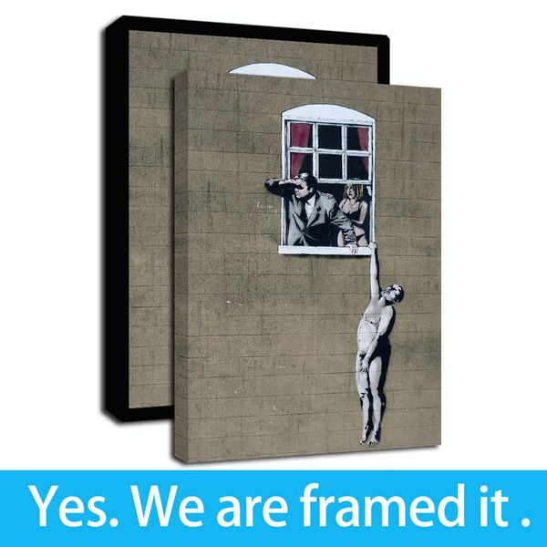 Бэнкси Граффити Street Art Nude Man Висячие из окна Холст жикле печати Home Decor Wall Art готовы повесить - Framed
