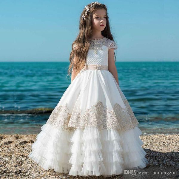 

vintage a line flower girl dresses for wedding custom made lace appliques girls pageant dresses tiered ruffles kids princess communion dress, White;blue