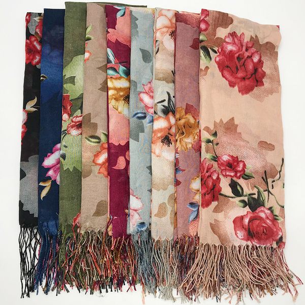 

autumn winter scarf women elegant fashion soft shawl big size flower printed cotton voile scarves ladies tassel printing scarf, Blue;gray