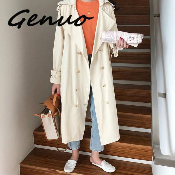 

women's trench coats genuo double-breasted coat with belt classical lapel collar loose long windbreaker russia style chic outwear, Tan;black