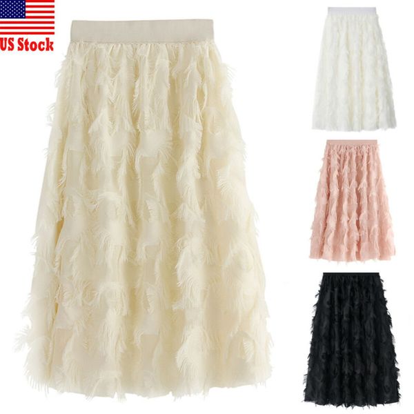 

new womens ladies elastic high waist mesh tulle tutu skirt feather tassels fashion colorful female skirts, Black
