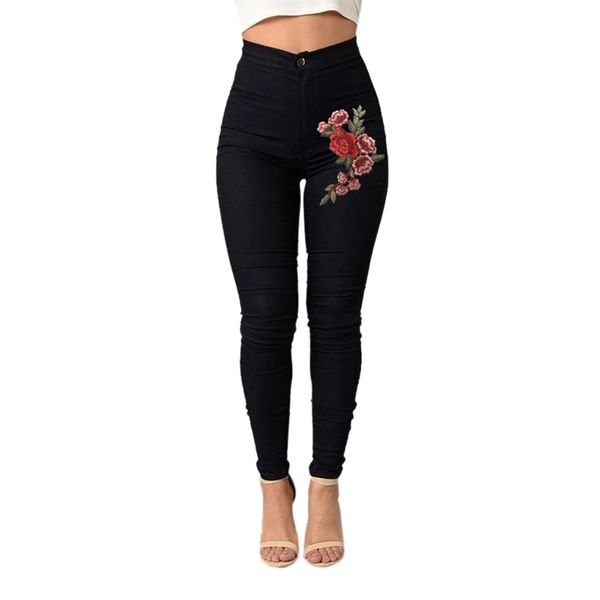 

fashion women skinny floral applique jeans high waist stretch pencil pants #4o10 #f, Blue