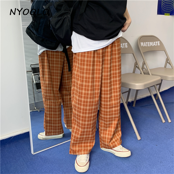 

nyoolo casual streetwear plaid loose wide leg pants women summer vintage elastic waist ankle length pants, Black;white