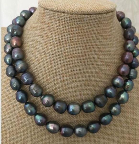 

new strands 10-13 mm tahitian black green baroque pearl necklace 34, Silver