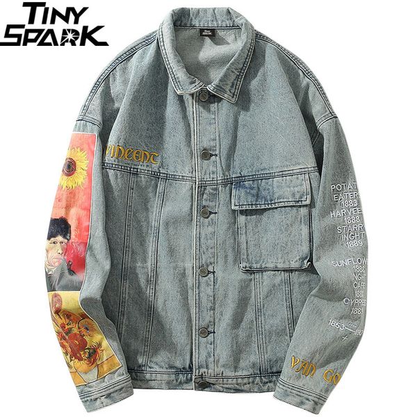 

hip hop men denim jackets streetwear vincent van gogh embroidery denim jean bomber jacket coat vintage harajuku loose cotton new sh190831, Black;brown